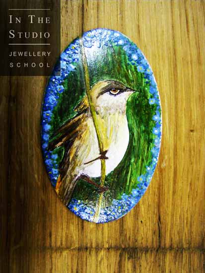 Bird-on-branch-enamel-brooch